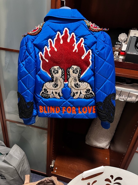 Gucci Jackets & Blazers - Gucci Blue Quilted Jacket with Red Flame and Embroidered Dogs